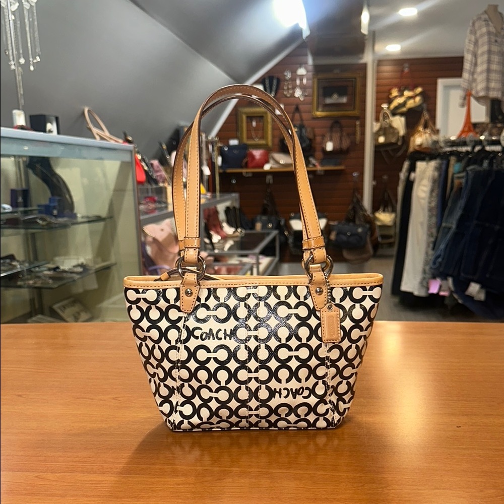 Coach Black and Tan Signature Print Purse Pink